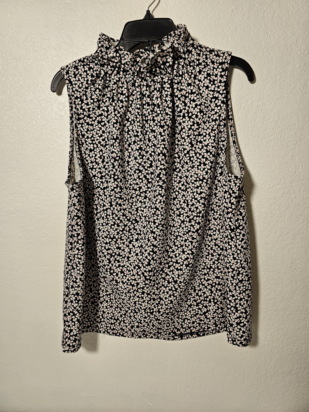 Ann Taylor Factory Floral Ruffle High Neck Sleeveless Blouse XL Black